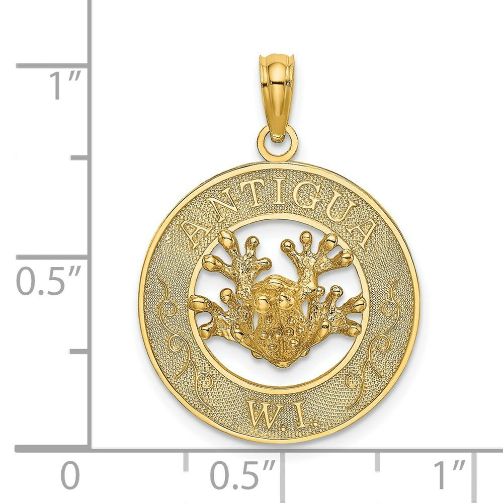 14K Yellow Gold ANTIGUA, W.I. On Round Frame With Frog Charm Pendant