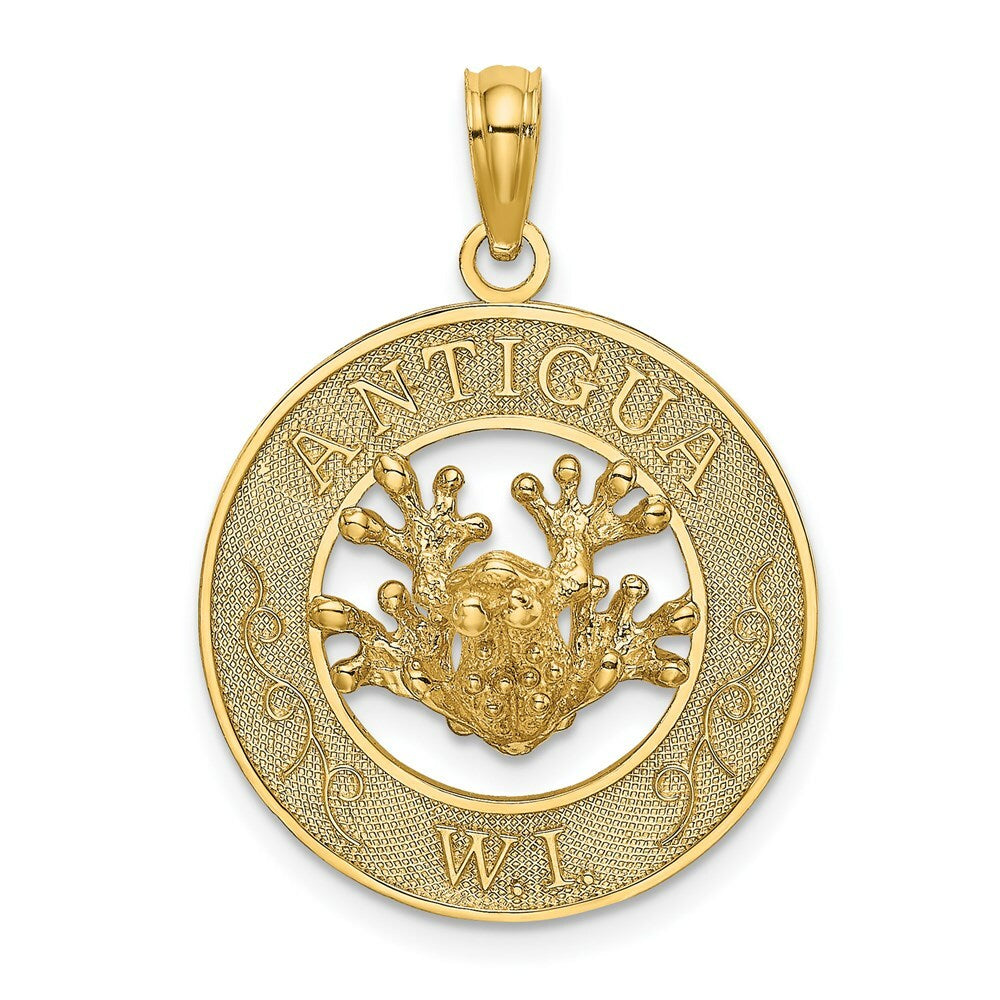 14K Yellow Gold ANTIGUA, W.I. On Round Frame With Frog Charm Pendant