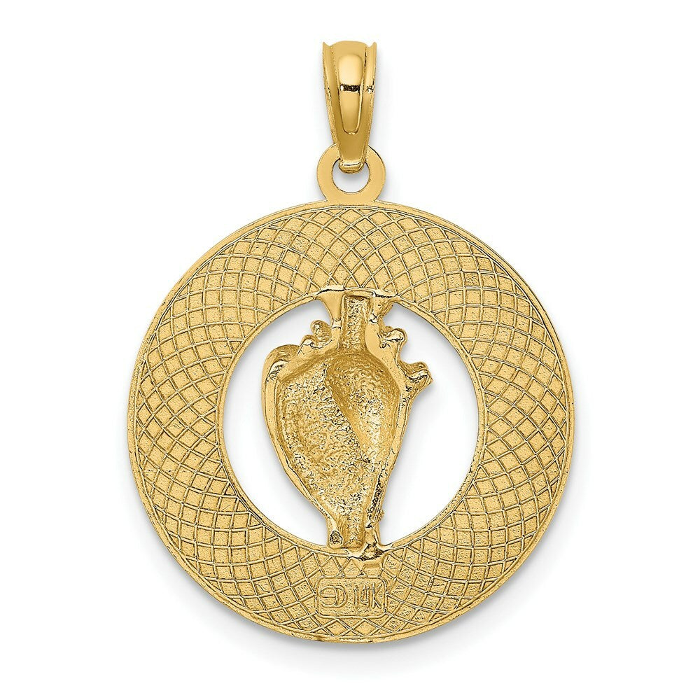 14K Yellow Gold CAPE MAY On Round Frame With Conch Shell Charm Pendant