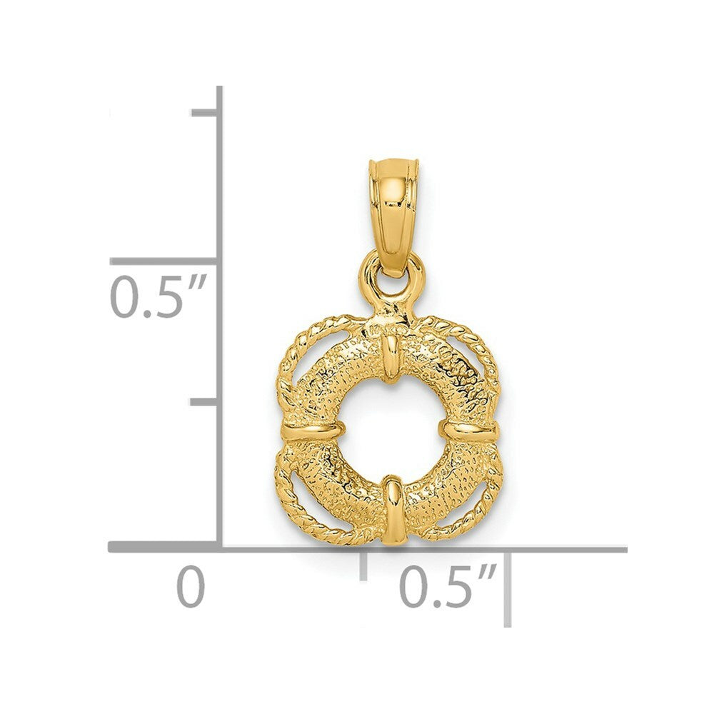 14K Yellow Gold 3-D Ships Boat Lifesaver Ring With Rope Trim