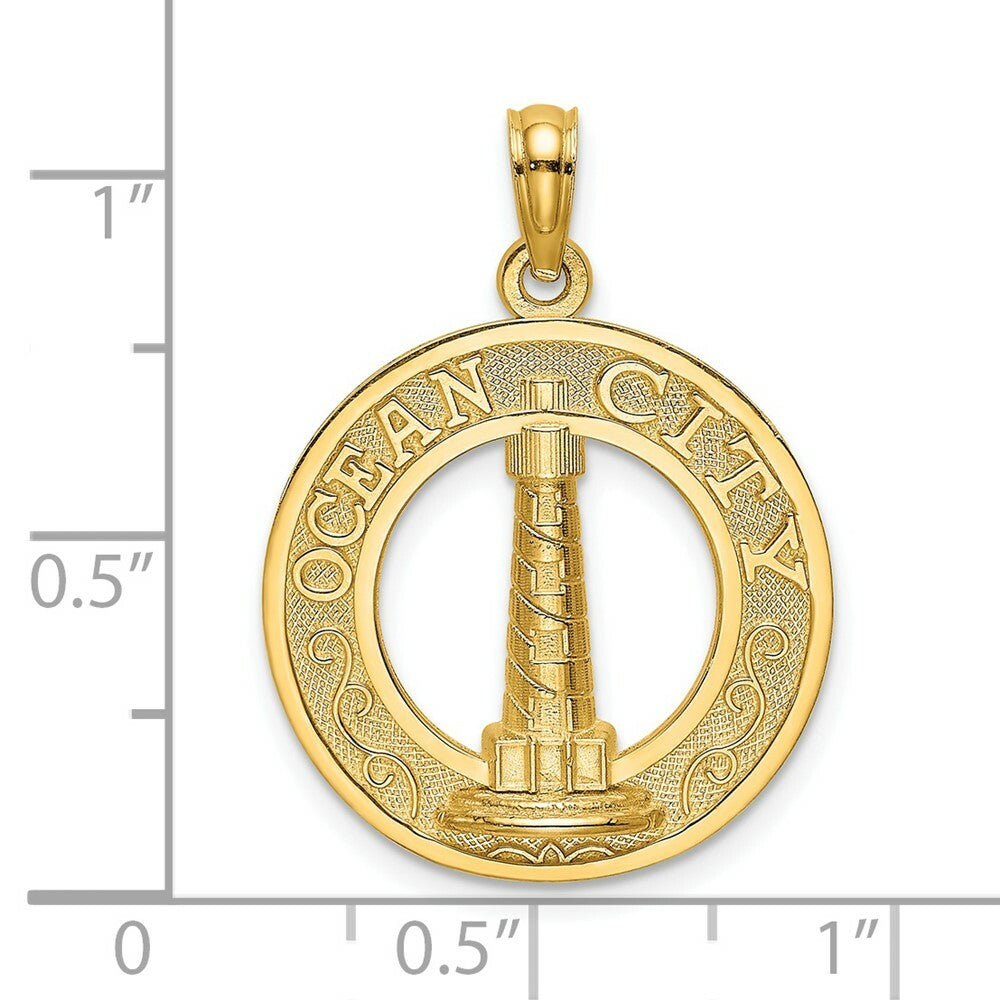 14K Yellow Gold OCEAN CITY Round Frame With Lighthouse Charm Pendant
