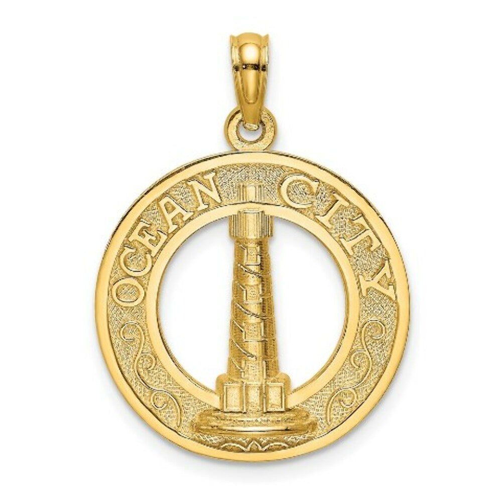 14K Yellow Gold OCEAN CITY Round Frame With Lighthouse Charm Pendant