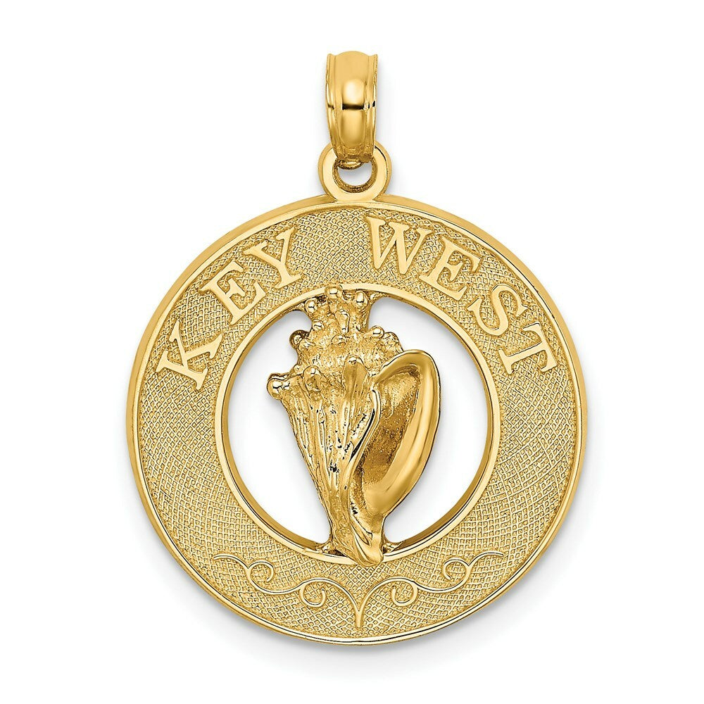 14K Yellow Gold Key West On Round Frame With Conch Shell Charm Pendant