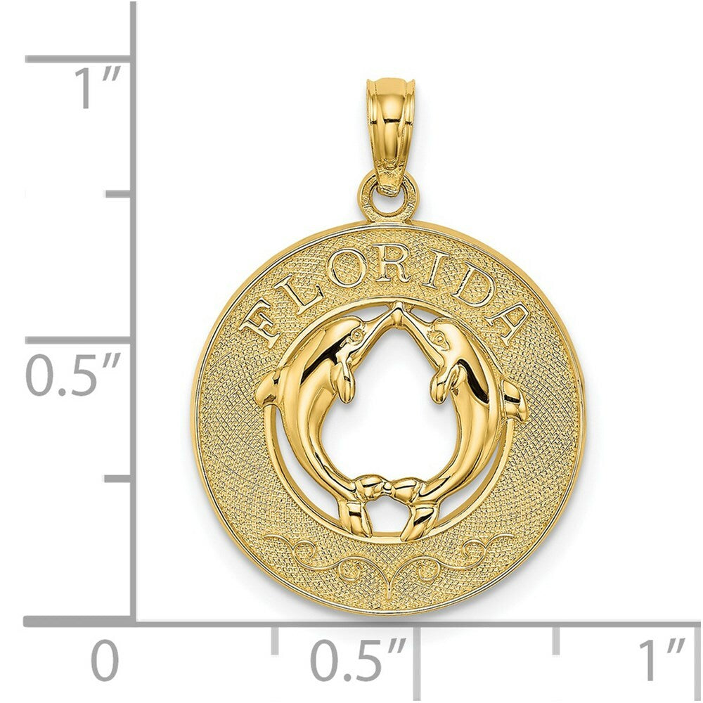 14K Yellow Gold FLORIDA On Round Frame With Dolphins Charm Pendant