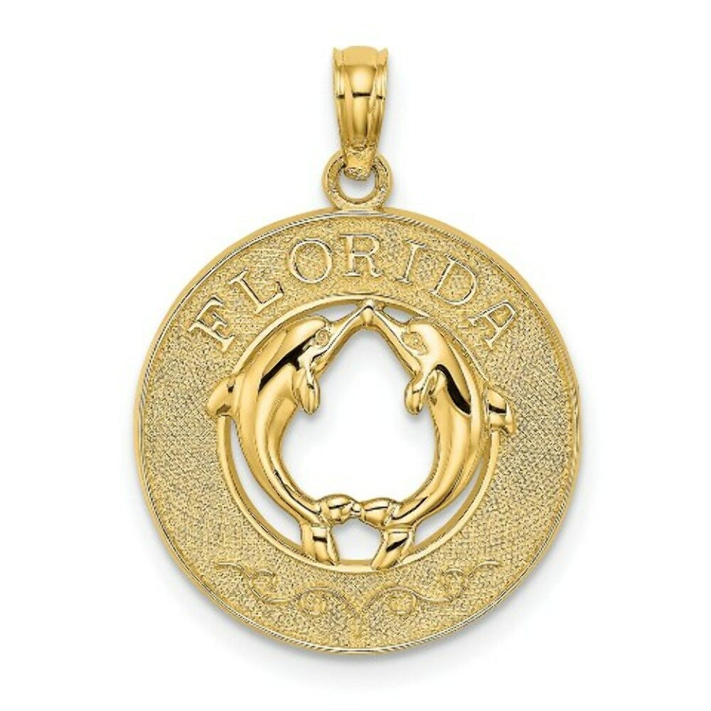 14K Yellow Gold FLORIDA On Round Frame With Dolphins Charm Pendant