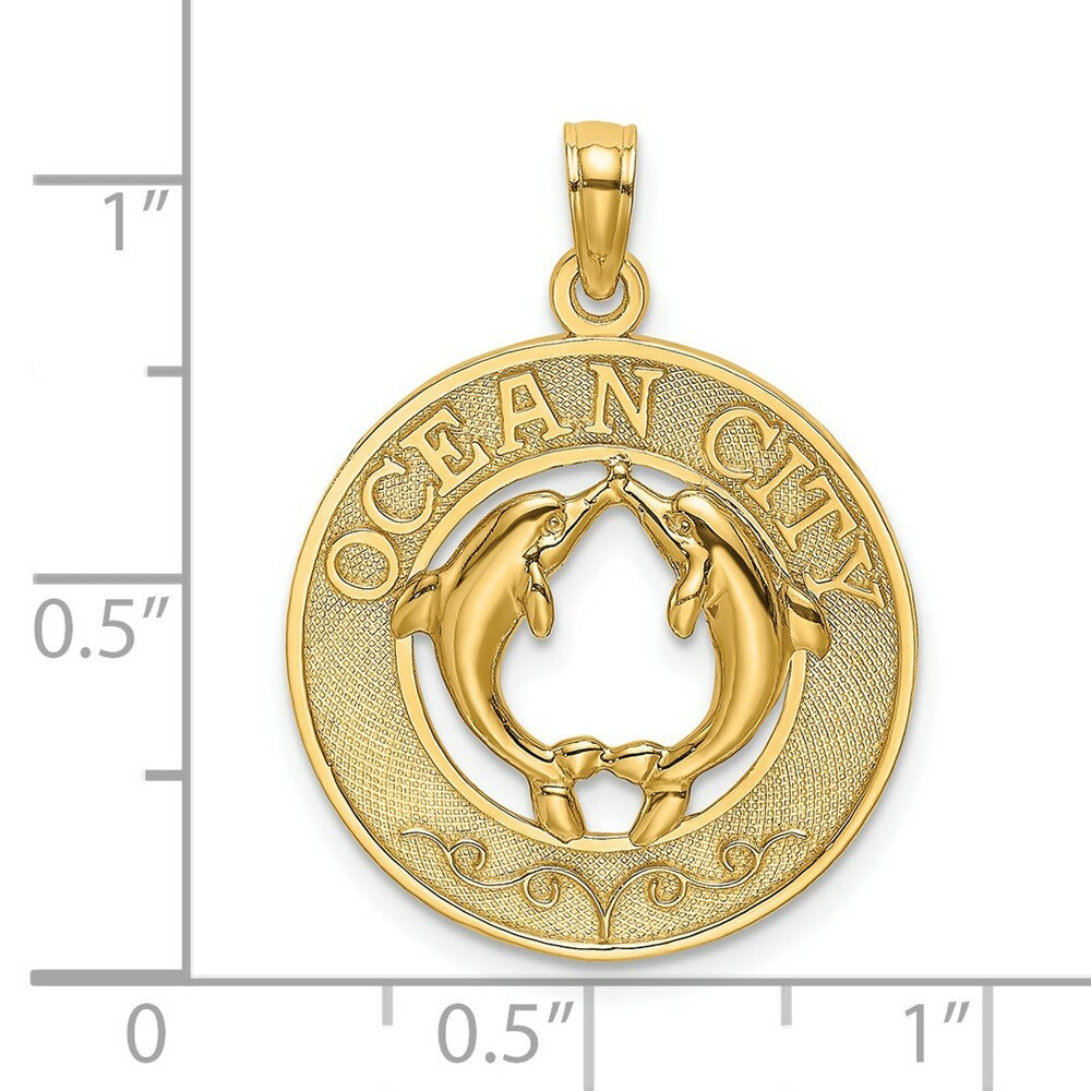 14K Yellow Gold OCEAN CITY Round Frame With Dolphins Charm Pendant