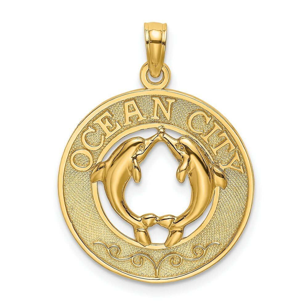 14K Yellow Gold OCEAN CITY Round Frame With Dolphins Charm Pendant