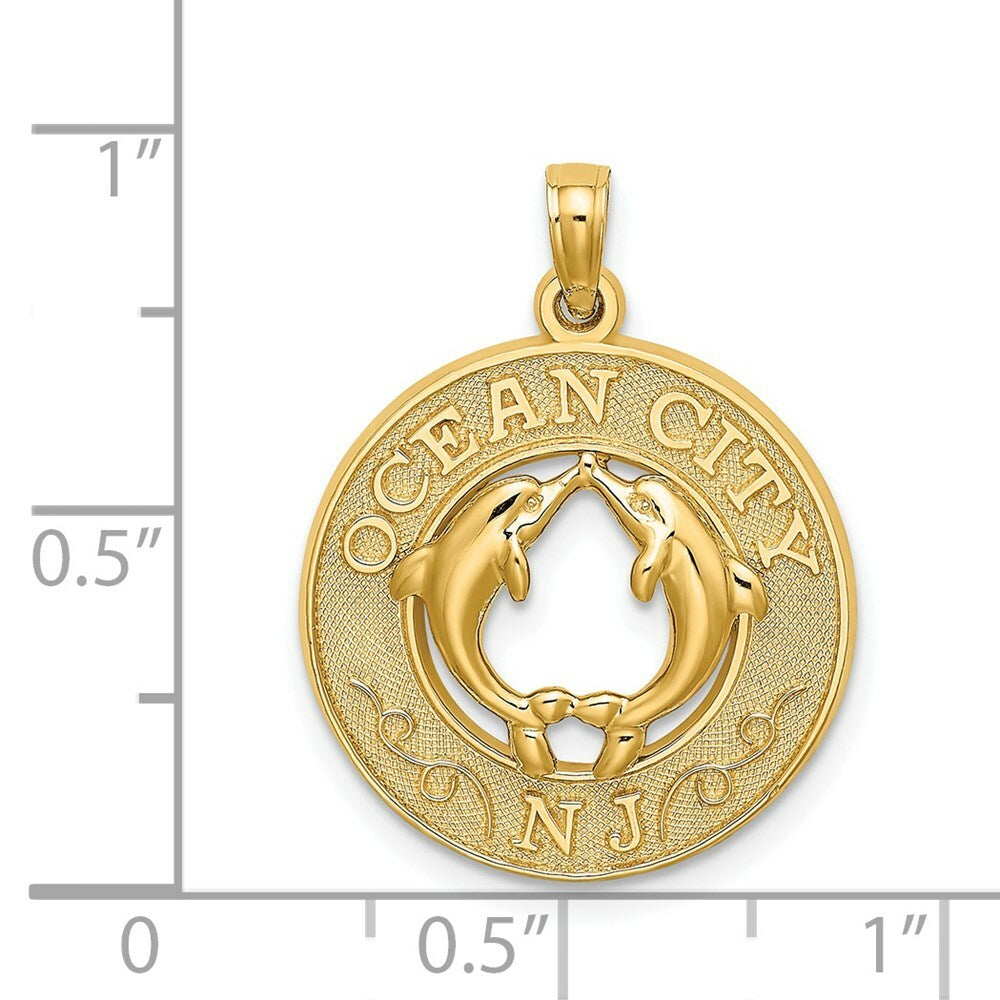14K Yellow Gold OCEAN CITY, NJ Round Frame With Dolphin Charm Pendant