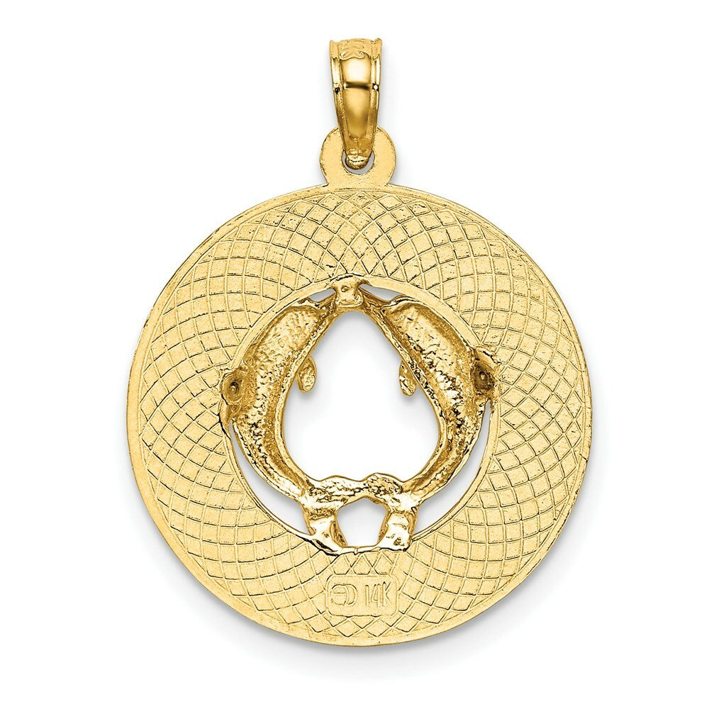 14K Yellow Gold OCEAN CITY, NJ Round Frame With Dolphin Charm Pendant