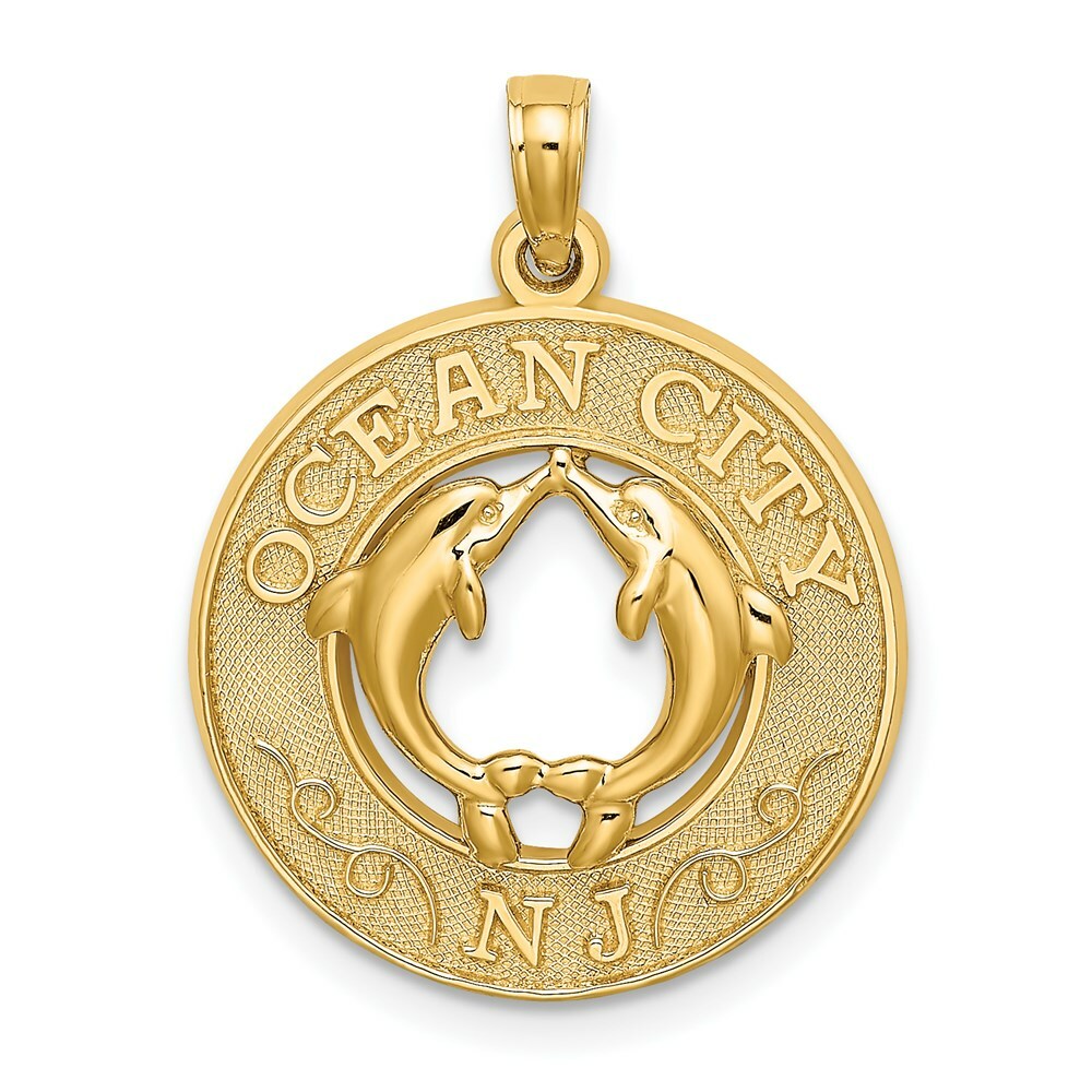 14K Yellow Gold OCEAN CITY, NJ Round Frame With Dolphin Charm Pendant