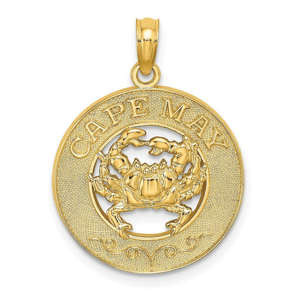 14K Yellow Gold CAPE MAY On Round Frame With Crab Charm Pendant