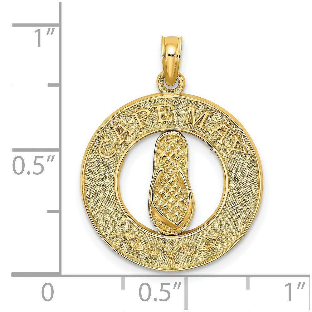 14K Yellow Gold CAPE MAY On Round Frame With Flip-Flop Charm Pendant