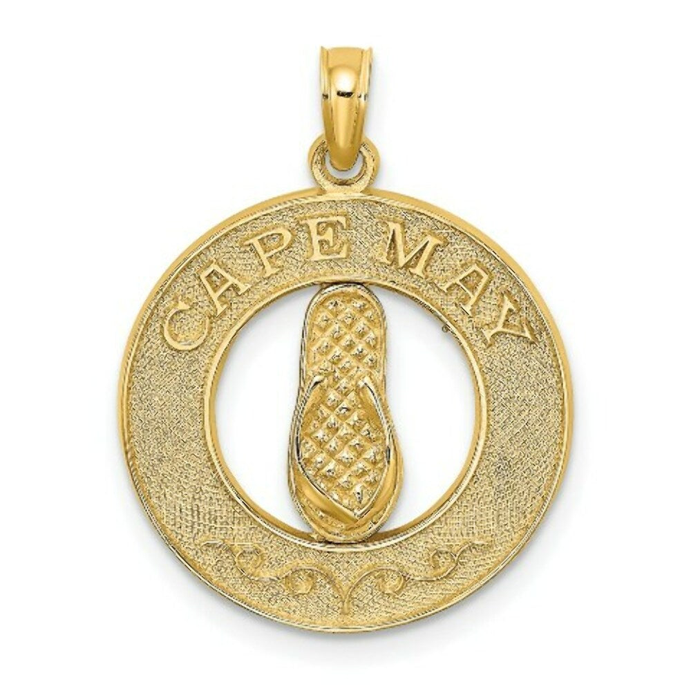 14K Yellow Gold CAPE MAY On Round Frame With Flip-Flop Charm Pendant
