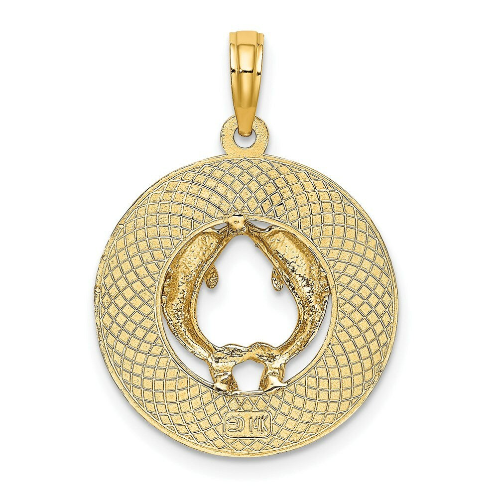 14K Yellow Gold Sanibel Round Frame With Dolphins Charm Pendant