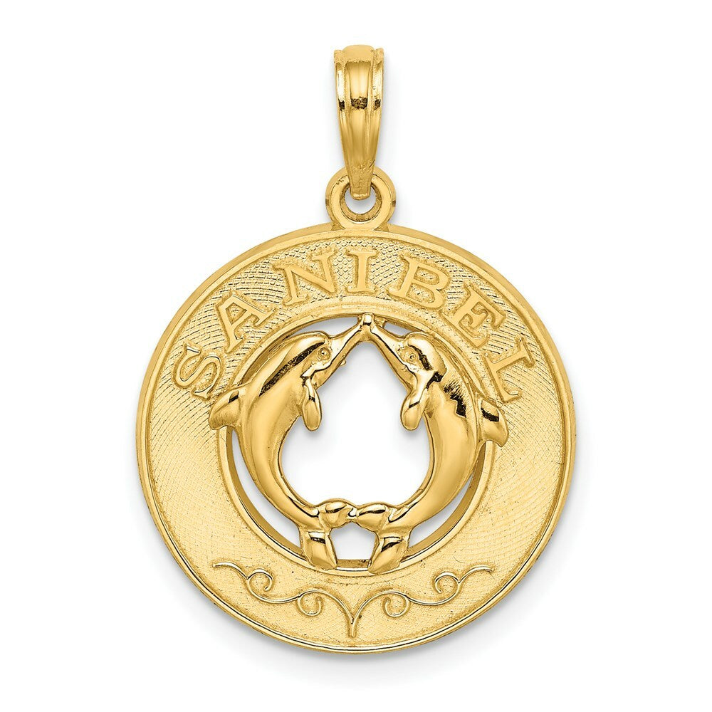 14K Yellow Gold Sanibel Round Frame With Dolphins Charm Pendant