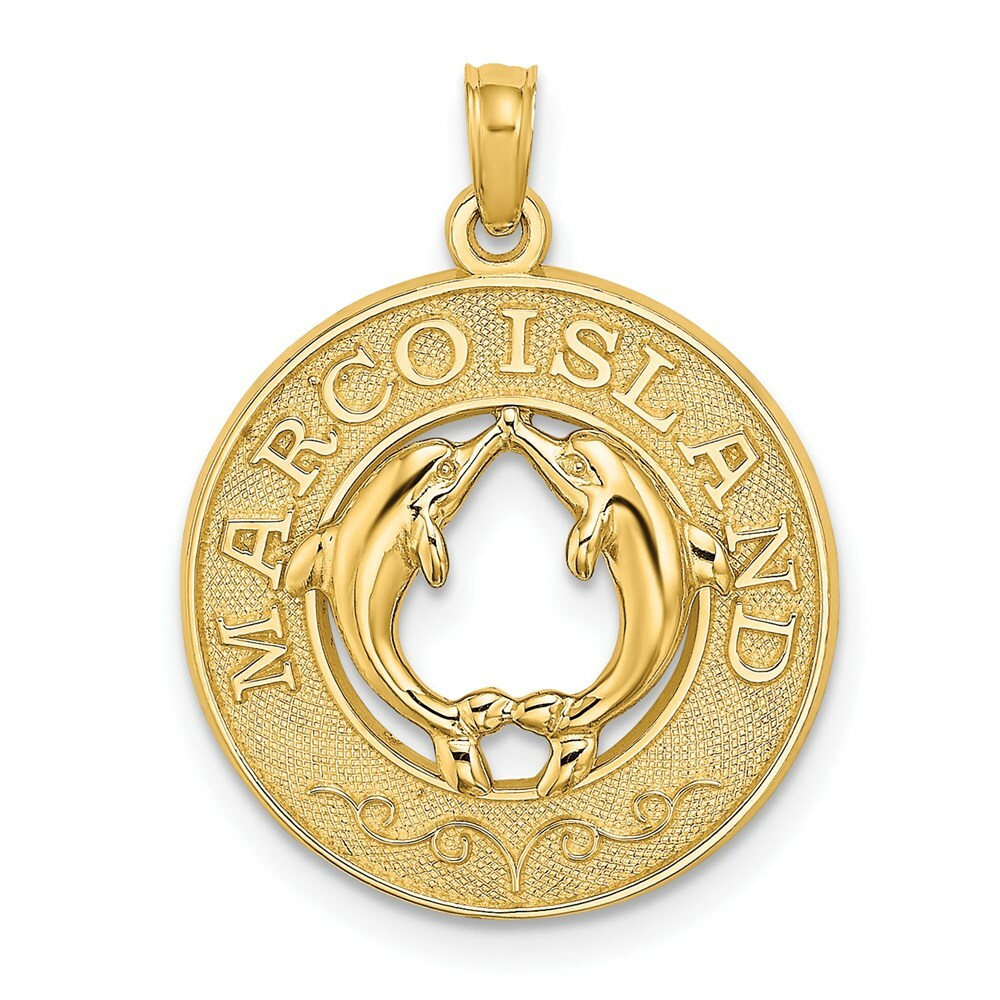 14K Yellow Gold MARCO ISLAND On Round Frame With Dolphins Charm Pendant