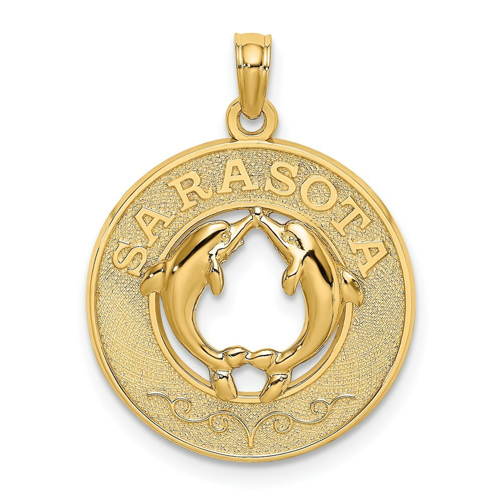 14K Yellow Gold SARASOTA Round Frame With Dolphins Charm Pendant
