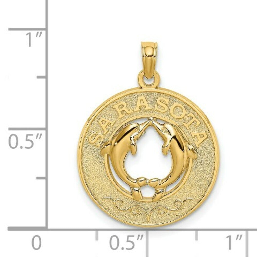 14K Yellow Gold SARASOTA Round Frame With Dolphins Charm Pendant