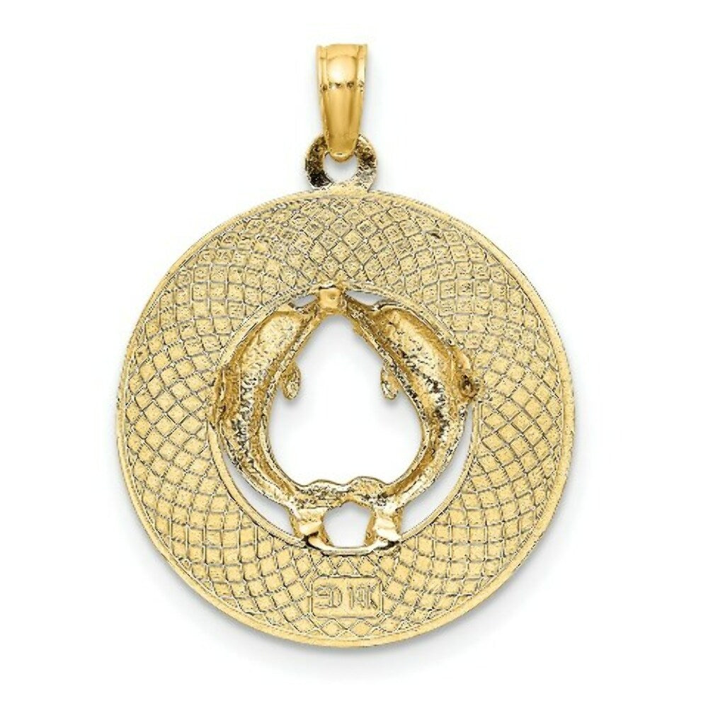14K Yellow Gold SARASOTA Round Frame With Dolphins Charm Pendant