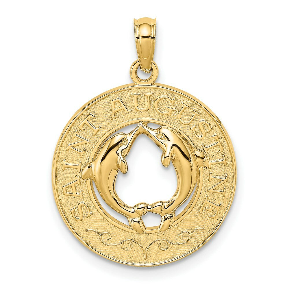 14K Yellow Gold SAINT AUGUSTINE On Round With Dolphins Charm Pendant