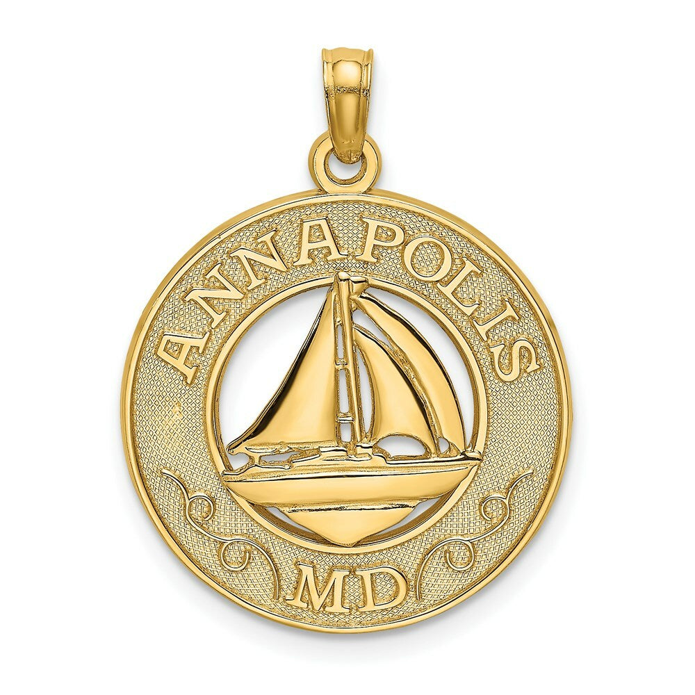 14K Yellow Gold ANNAPOLIS, MD Round Frame With Sailboat Charm Pendant