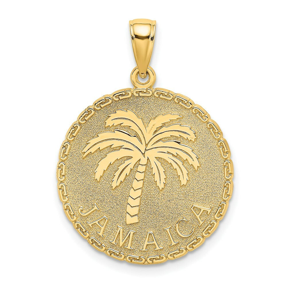14K Yellow Gold JAMAICA & PALM TREE On Disk Charm Pendant
