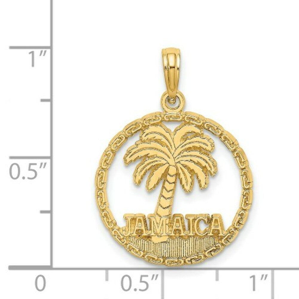 14K Yellow Gold Jamaica Under Palm Tree In Disk Charm Pendant