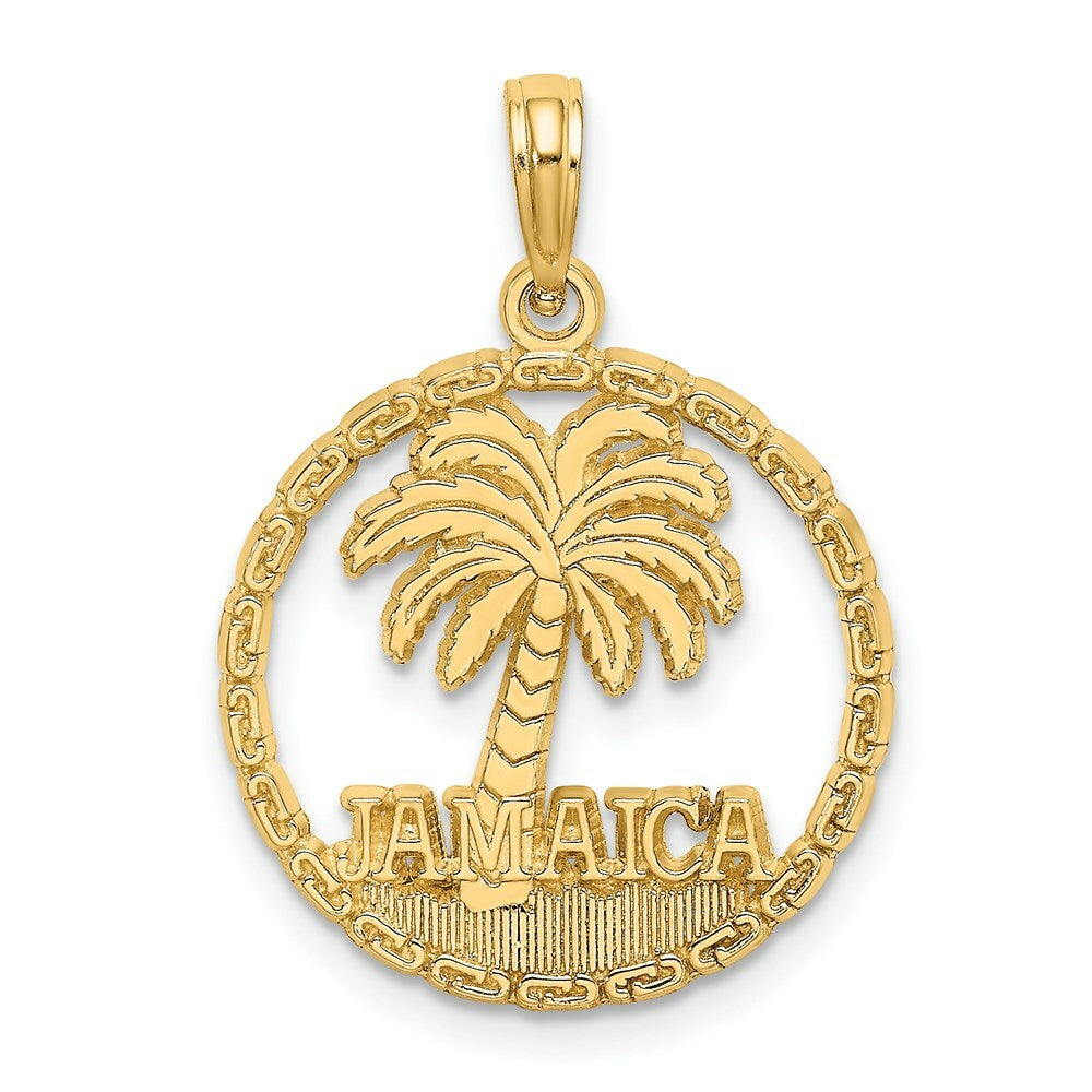 14K Yellow Gold Jamaica Under Palm Tree In Disk Charm Pendant