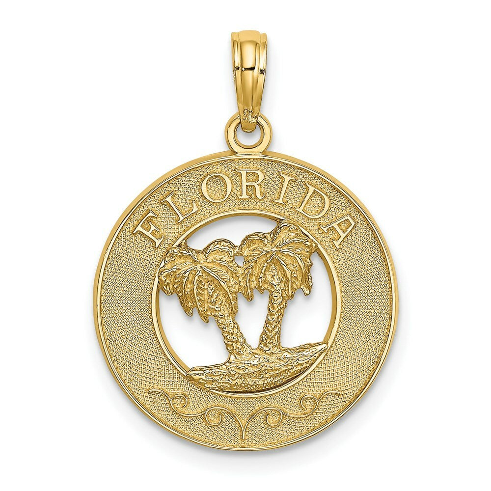 14K Yellow Gold FLORIDA On Round Frame With Double Palm Tree Charm Pendant