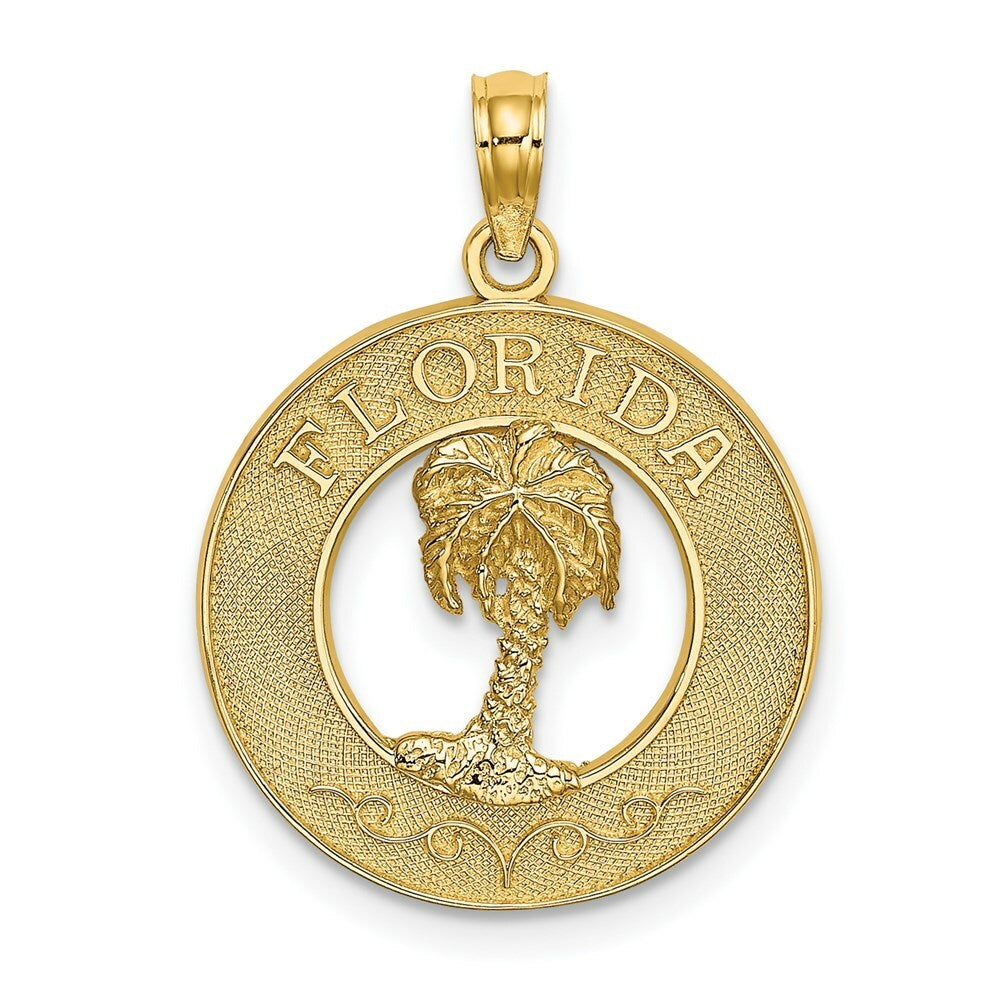 14K Yellow Gold FLORIDA On Round Frame With Palm Tree Charm Pendant