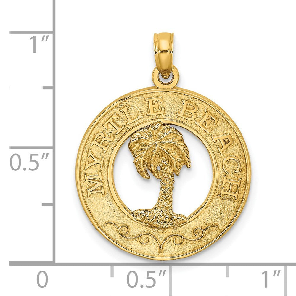 14K Yellow Gold MYRTLE BEACH On Round Frame With Palm Tree Charm Pendant