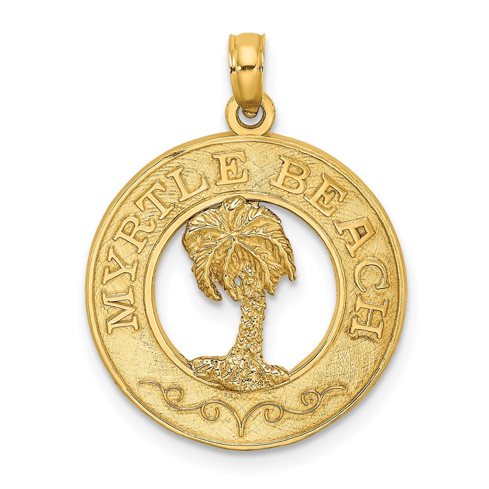 14K Yellow Gold MYRTLE BEACH On Round Frame With Palm Tree Charm Pendant