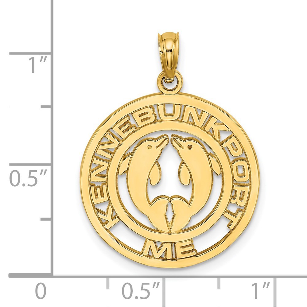 14K Yellow Gold KENNEBUNKPORT With Dolphins In Disc Charm Pendant