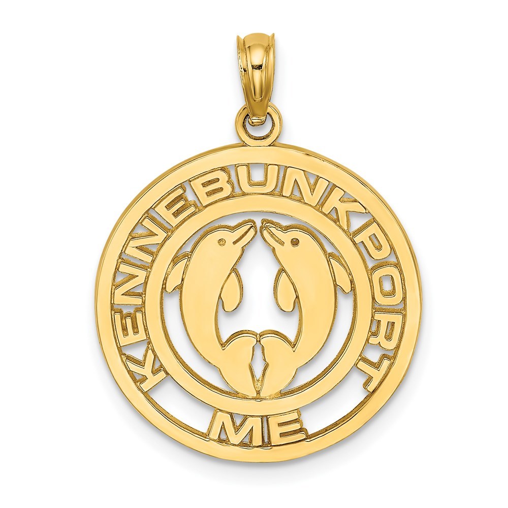 14K Yellow Gold KENNEBUNKPORT With Dolphins In Disc Charm Pendant