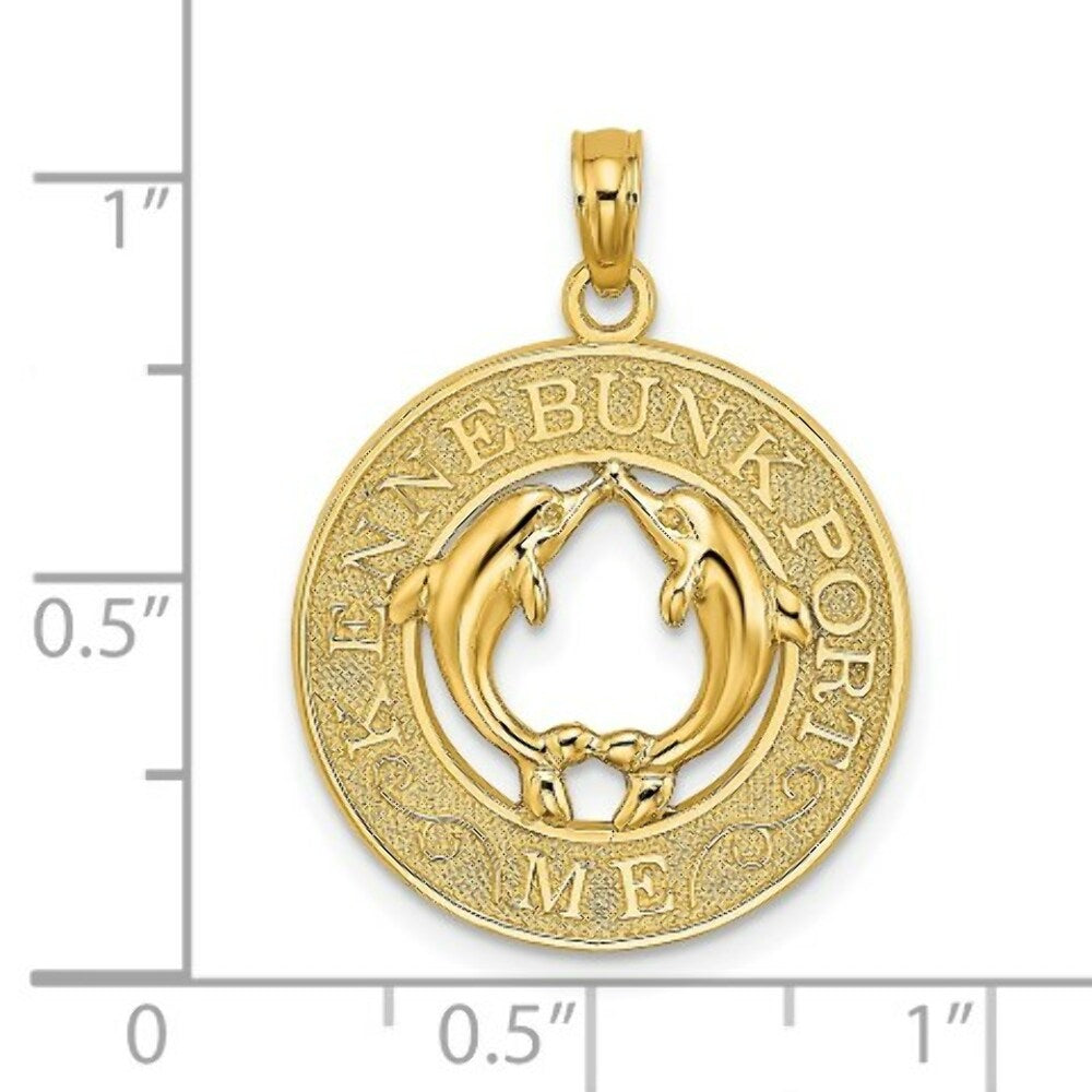 14K Yellow Gold KENNEBUNKPORT, ME Round Frame With Dolphins Charm Pendant