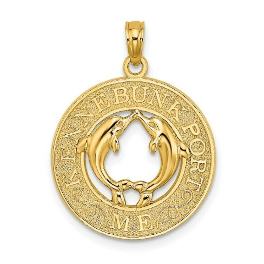 14K Yellow Gold KENNEBUNKPORT, ME Round Frame With Dolphins Charm Pendant