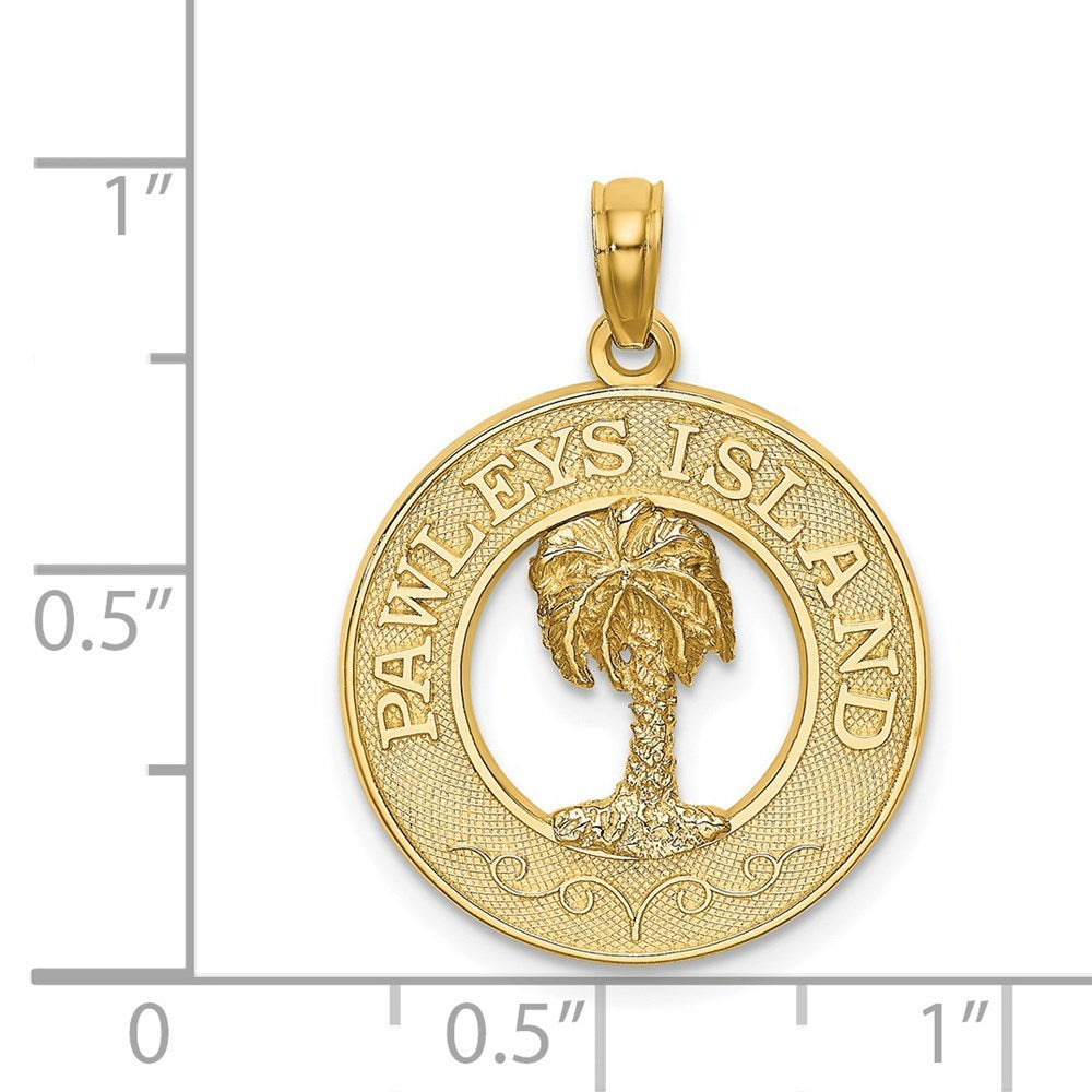 14K Yellow Gold PAWLEYS ISLAND Round Frame With Palm Tree Charm Pendant