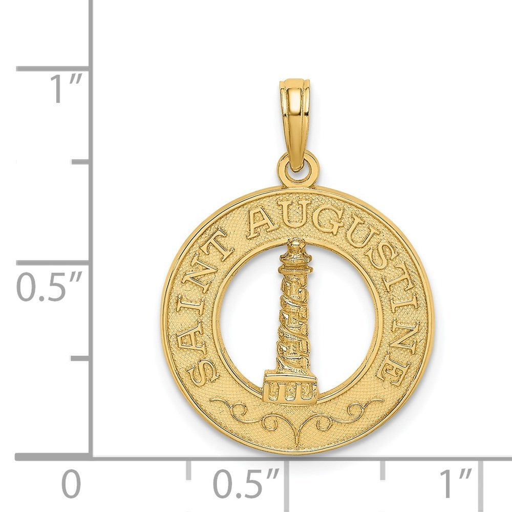 14K Yellow Gold SAINT AUGUSTINE Round Frame With Lighthouse Charm Pendant