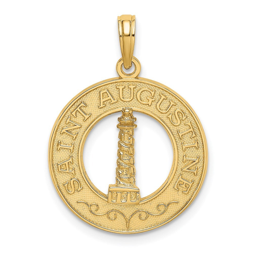14K Yellow Gold SAINT AUGUSTINE Round Frame With Lighthouse Charm Pendant