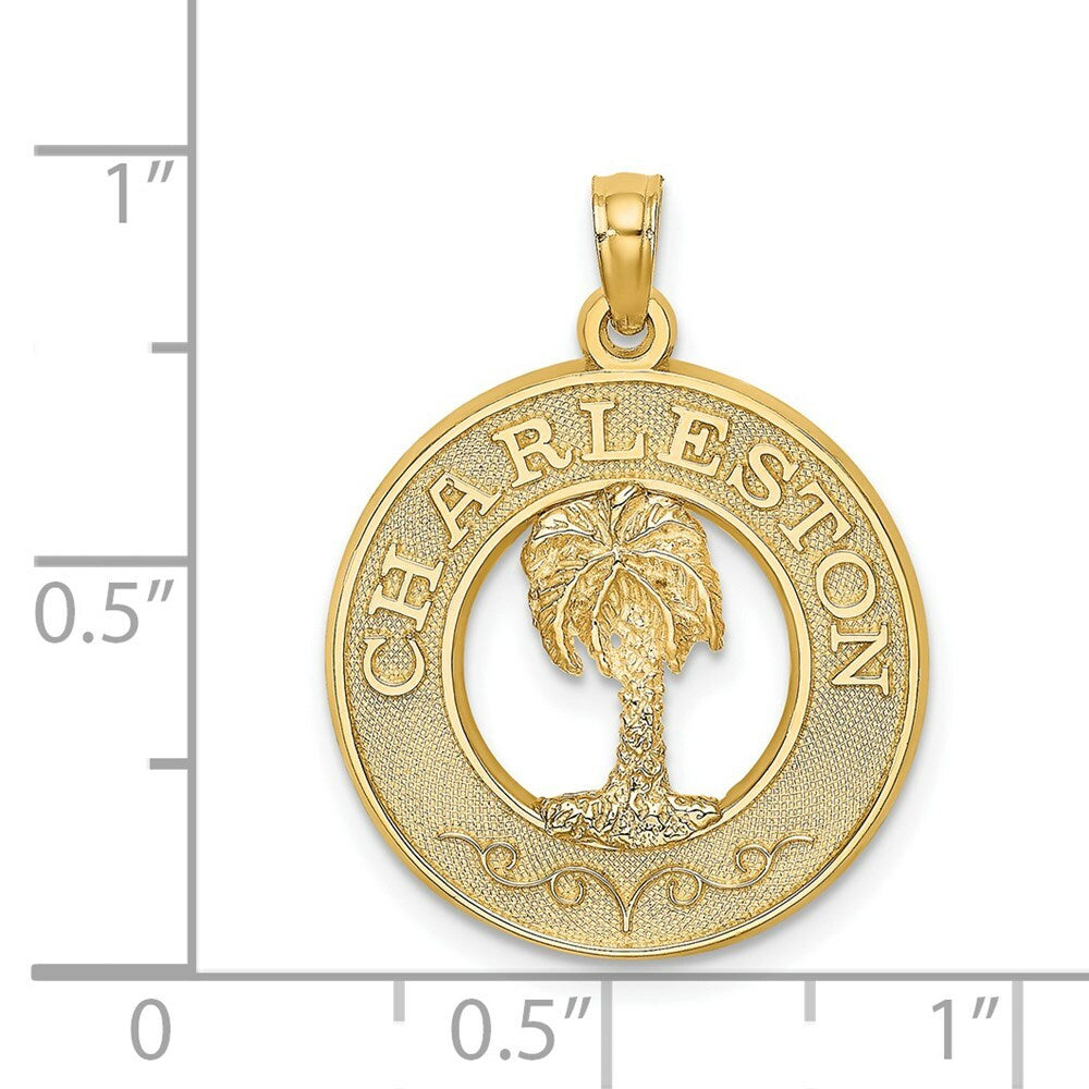 14K Yellow Gold CHARLESTON Round Frame With Palm Tree Charm Pendant