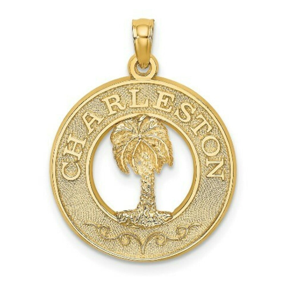 14K Yellow Gold CHARLESTON Round Frame With Palm Tree Charm Pendant