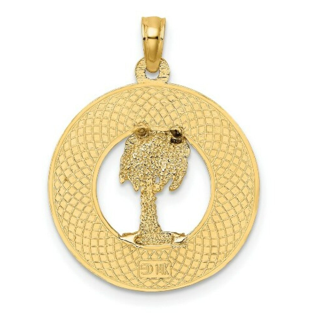 14K Yellow Gold CHARLESTON Round Frame With Palm Tree Charm Pendant