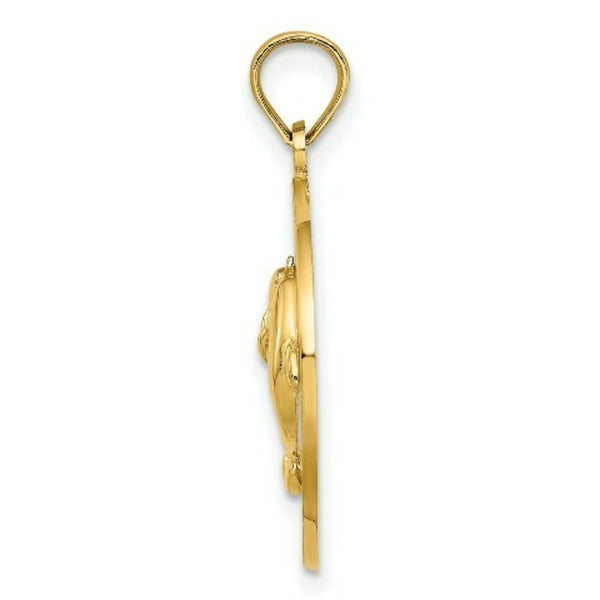 14K Yellow Gold JAMAICA On Round Frame With Dolphins Charm Pendant