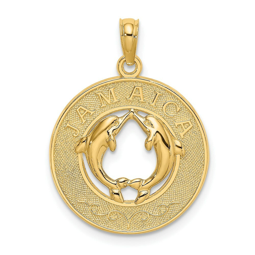 14K Yellow Gold JAMAICA On Round Frame With Dolphins Charm Pendant