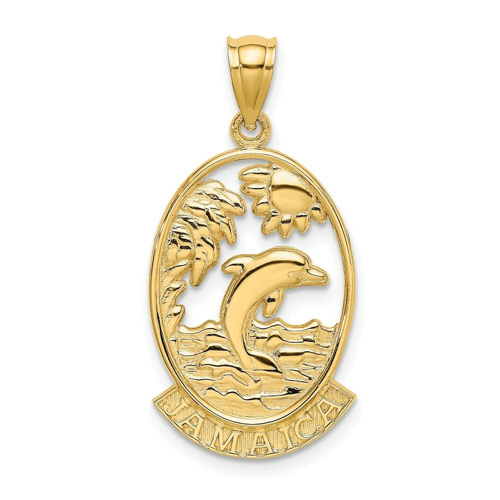 14K Yellow Gold Jamacia With Dolphin and Sunset In Frame Charm Pendant