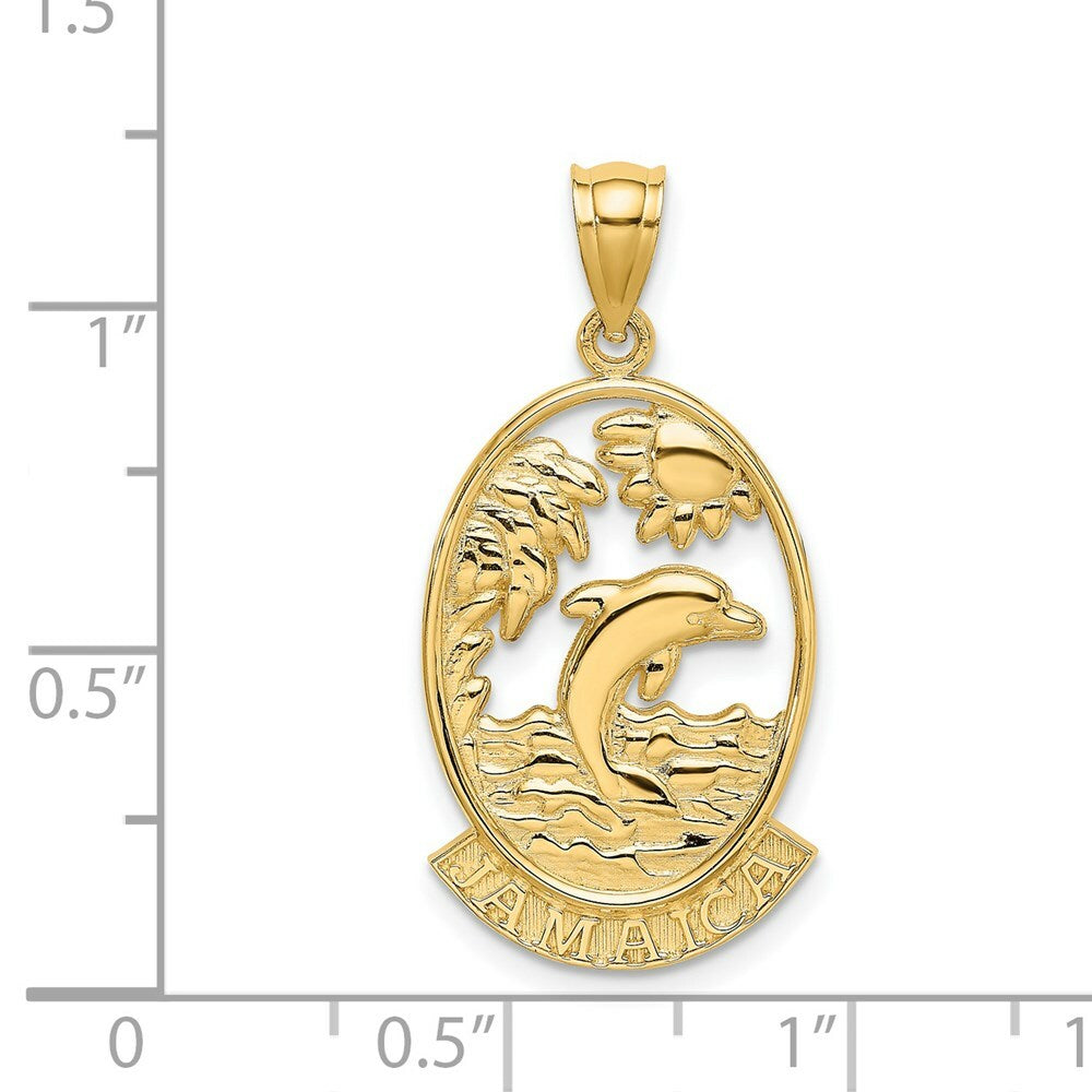 14K Yellow Gold Jamacia With Dolphin and Sunset In Frame Charm Pendant