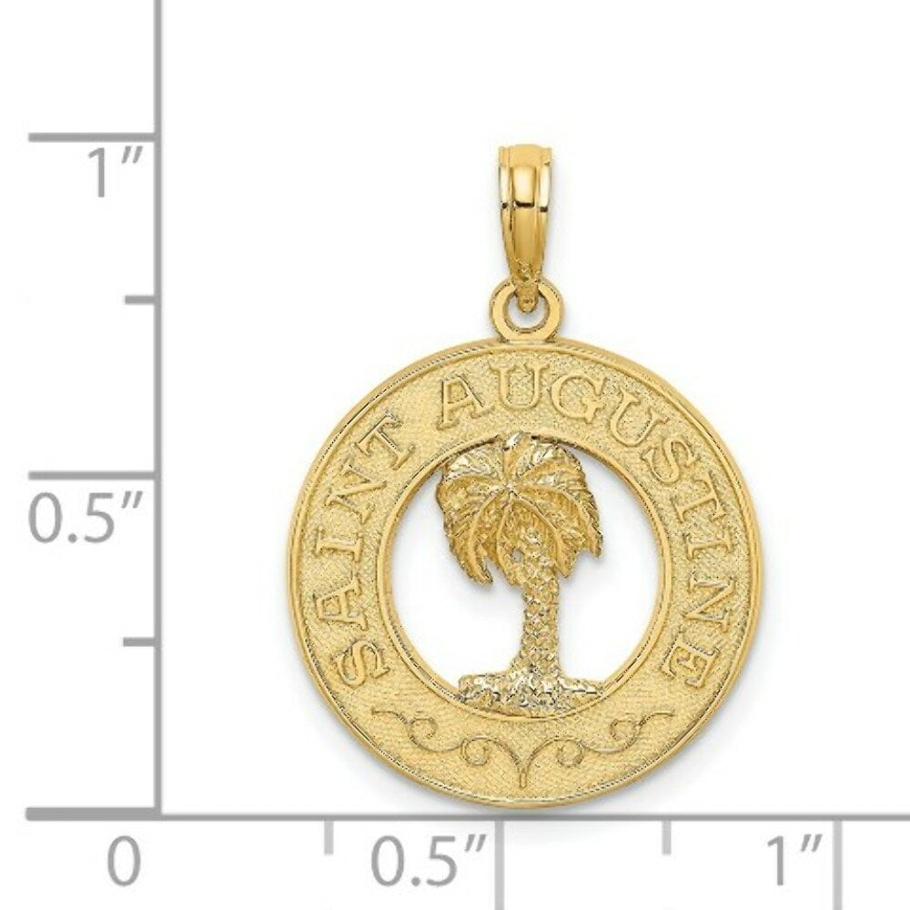 14K Yellow Gold SAINT AUGUSTINE On Round Frame With Palm Tree Charm Pendant
