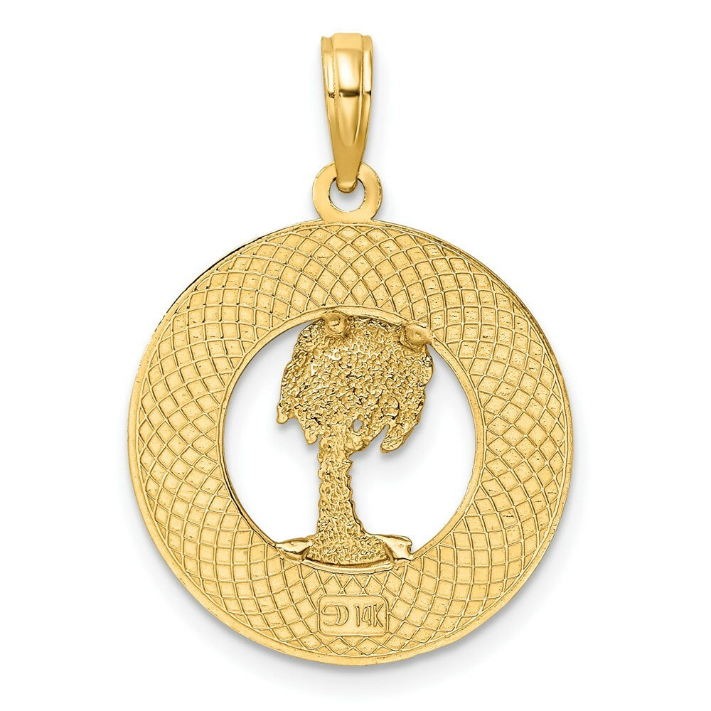 14K Yellow Gold SAINT AUGUSTINE On Round Frame With Palm Tree Charm Pendant