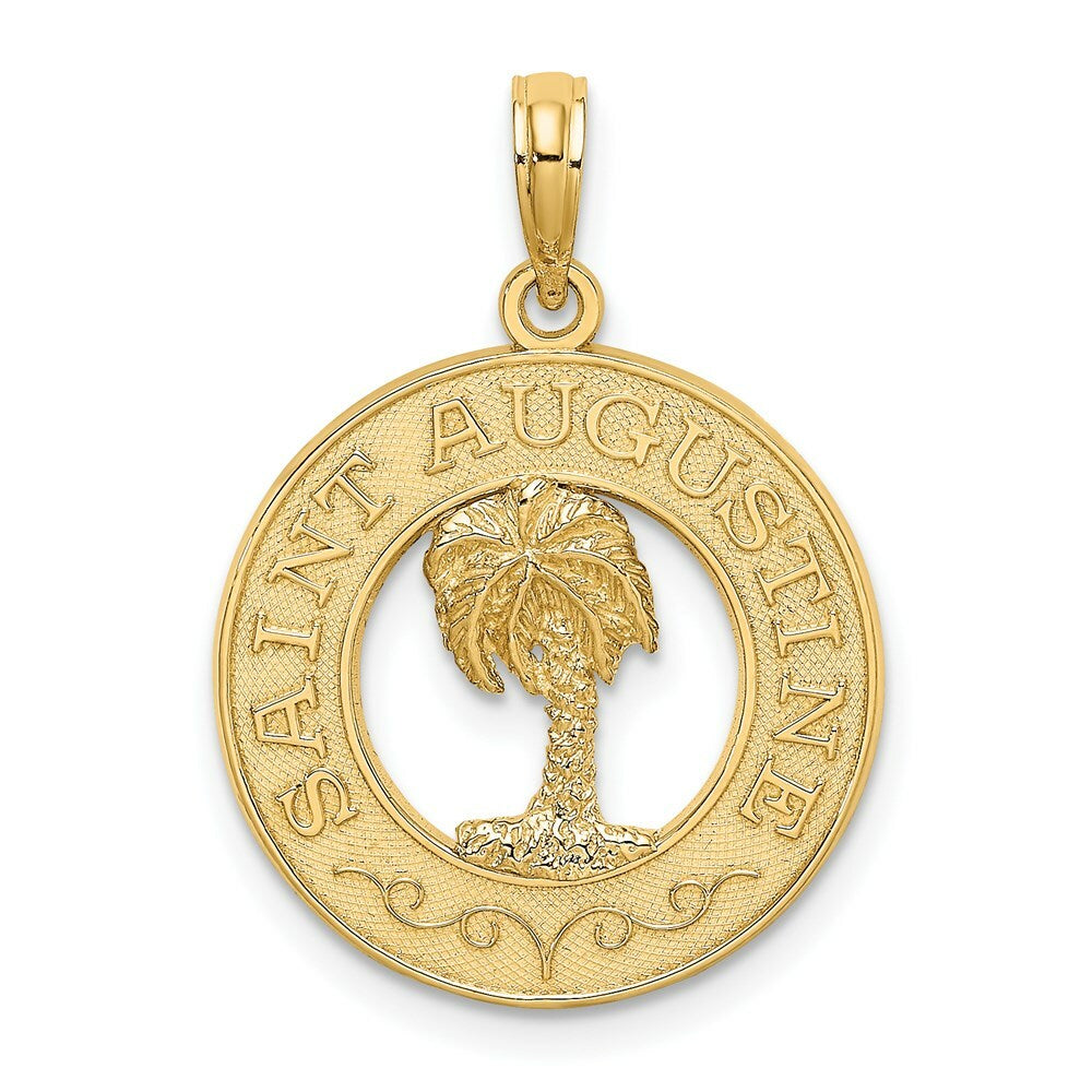 14K Yellow Gold SAINT AUGUSTINE On Round Frame With Palm Tree Charm Pendant