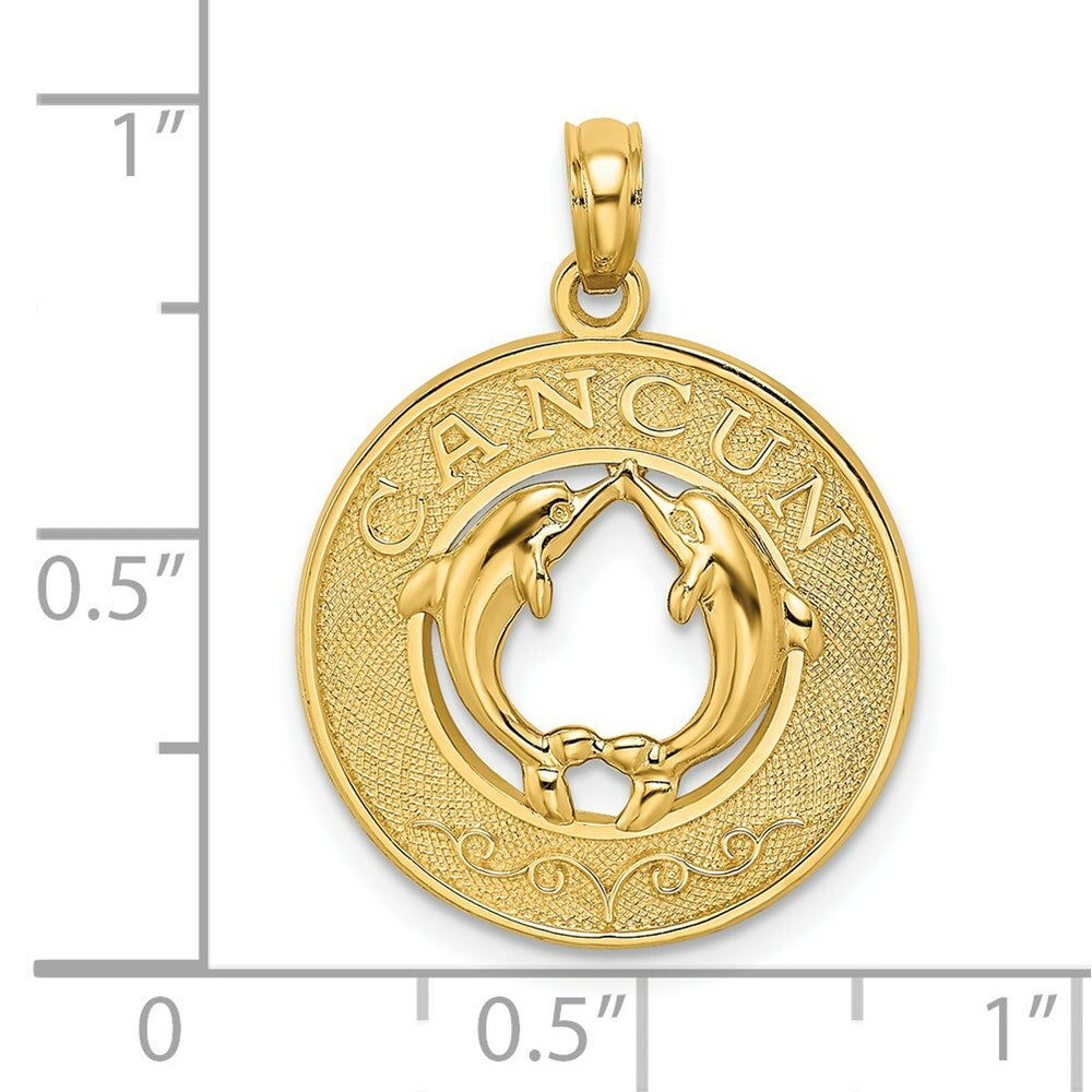 14K Yellow Gold CANCUN On Round Frame With Dolphin Charm Pendant